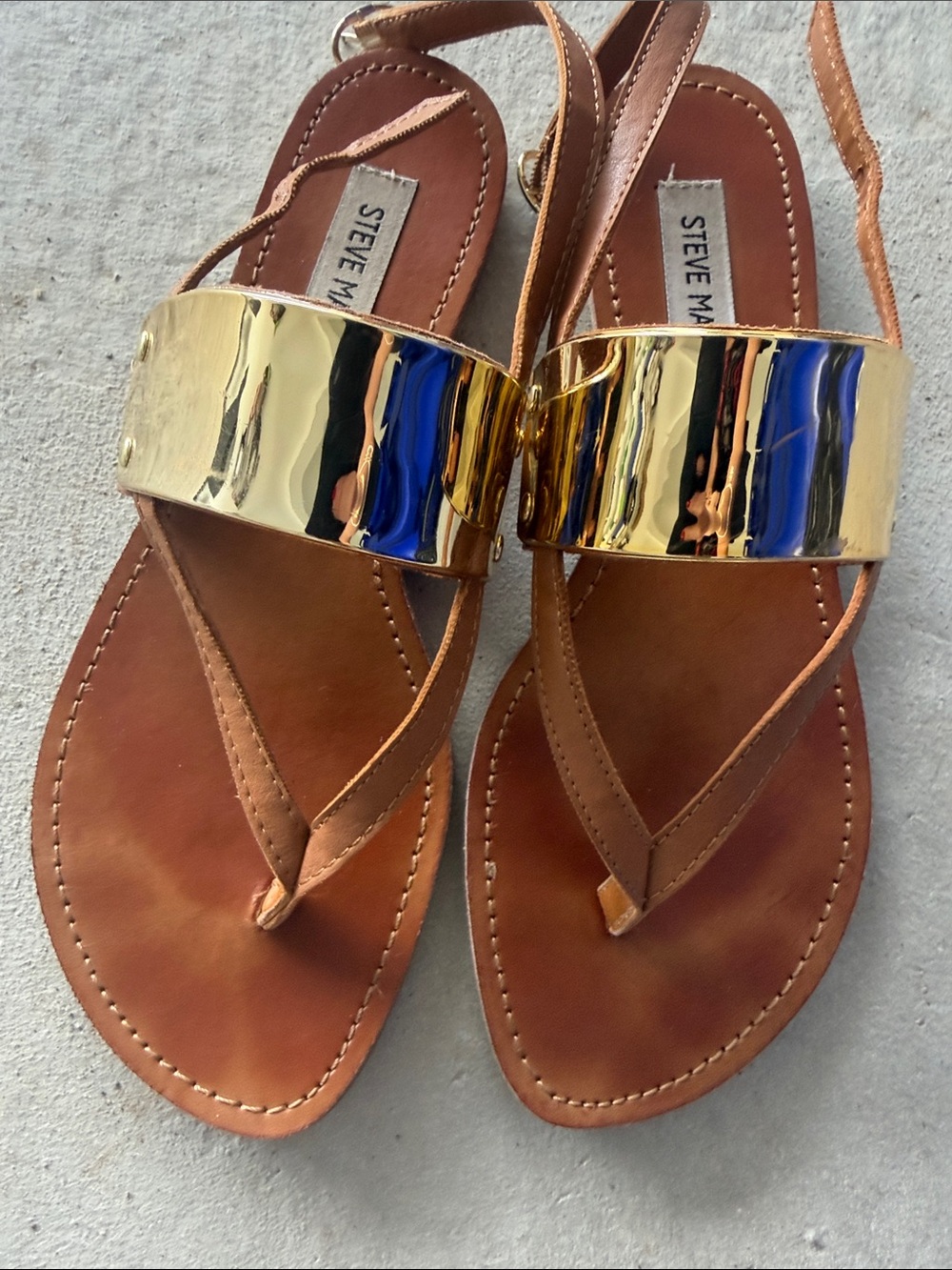 Steve Madden Tan Leather Sandals with Gold Mirror Strap